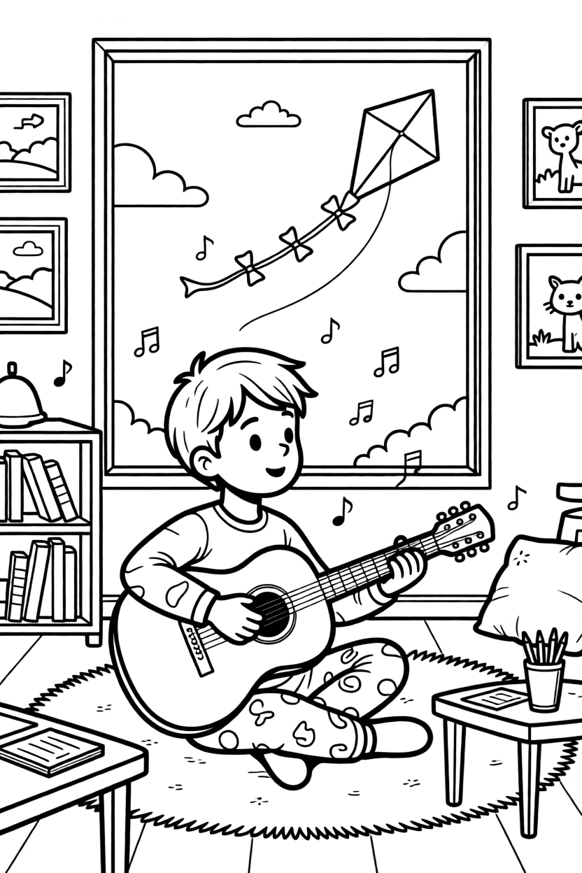 [Hobbies] a young musician playing a guitar strumming a cheerful tune in a cozy playroom, concentrating hard with a focused expression, while the kite dances high against blue sky fills the surrounding area. A sense of focus and fun fills the moment. Set on a foggy morning, with fluffy clouds drifting overhead, the page bursts with adventure and imagination.