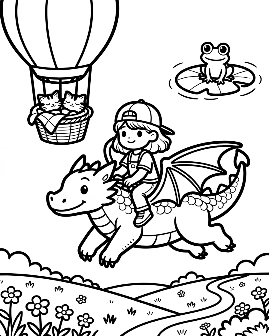 A girl wearing a backwards baseball cap is soaring through the sky on the back of a gentle dragon aboard a hot air balloon drifting over rolling hills. Nearby, a basket of sleepy kittens curled together and a friendly frog perched on a lily pad make the scene feel magical.