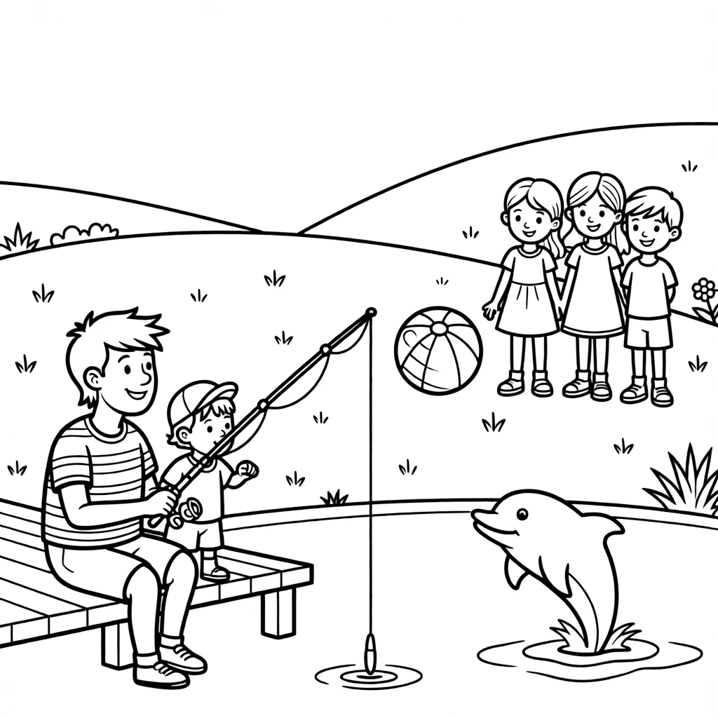 A father and child fishing from a dock on a grassy hill perfect for flying kites, while a group of three friends looks on nearby, a striped beach ball and a friendly dolphin leaping from the waves completing the scene.
