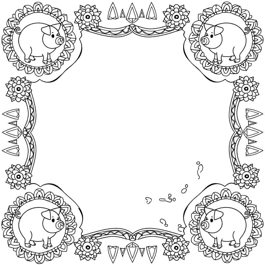 Farm Animals: The page centers on a repeating motif of a round pig with a curly tail, built around a hexagon-based mandala built from six matching wedges. The motif is placed at each of the four corners in matching pairs, connected by a looping border pattern around the edge. Decorative details fill the surrounding space, including rows of teardrop-shaped petals, angular crystal facets, and layered flower rosettes woven throughout the background. A playful extra touch completes the page: a few tiny footprints trailing off toward one edge of the page.