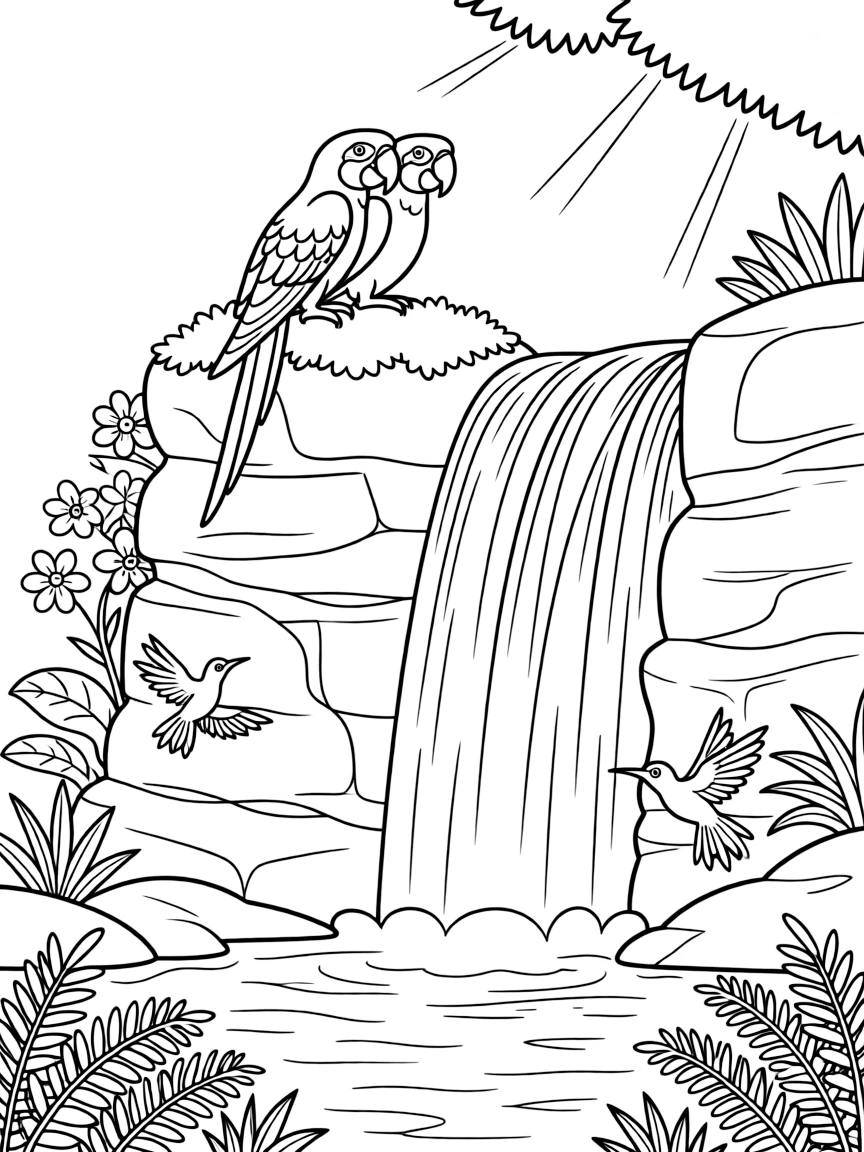 [Waterfalls] A pair of colorful macaws perch on a mossy ledge overlooking a thundering waterfall. Hummingbirds dart between blossoms growing on the rocks beside the tumbling water. The waterfall tumbles over layered rocky ledges into a clear turquoise pool ringed with ferns. Late afternoon sun filters through the leaves, glinting off every droplet of spray.
