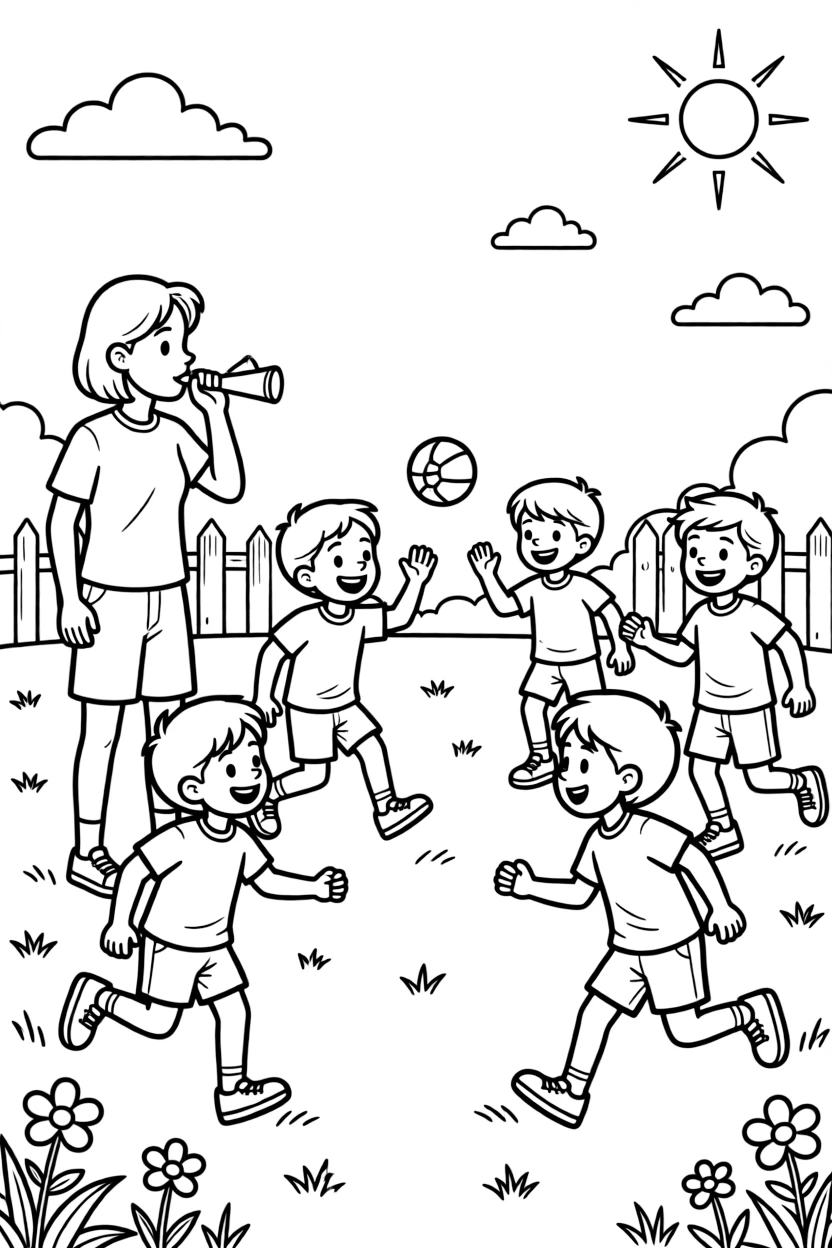 A gym teacher blows a whistle while kids play a game of kickball outside.