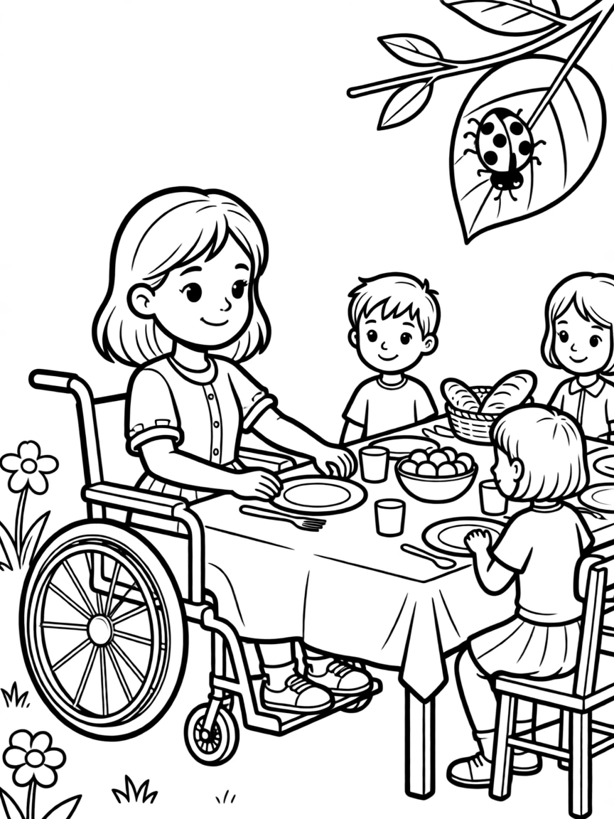 A girl using a wheelchair setting the table for dinner with cousins as a ladybug crawls on a leaf.