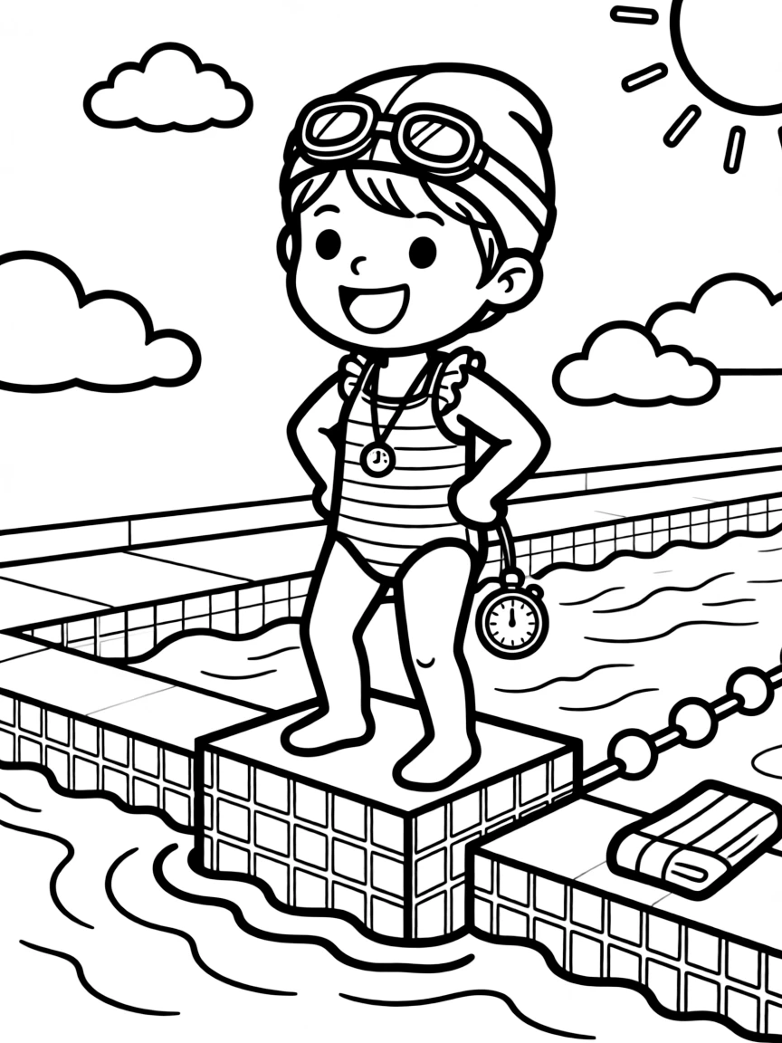 An energetic girl with a big smile, wearing goggles and a swim cap, waiting on the block for the starting signal.