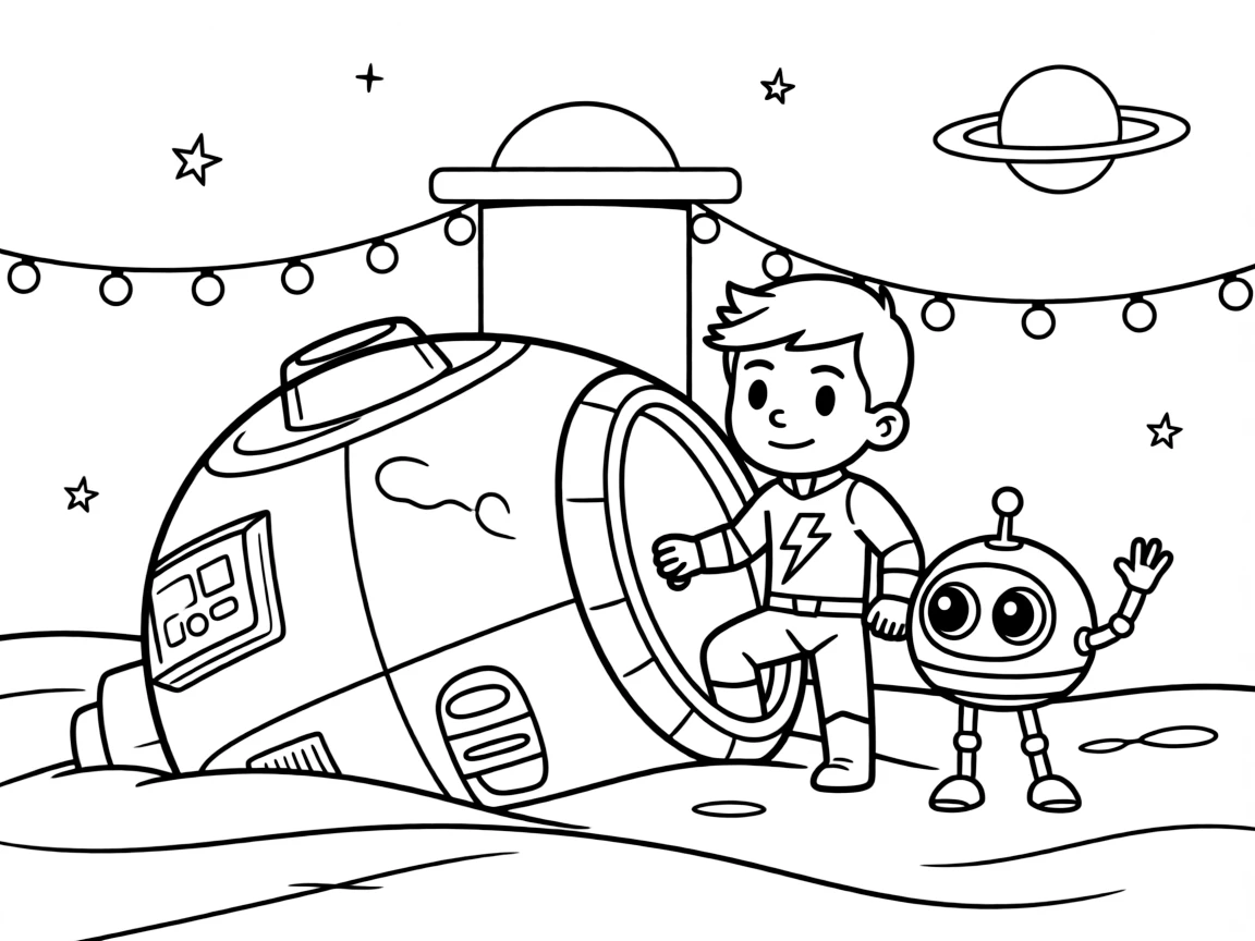 Officer Bolt, a clever light-bending superhero kid exploring a shipwrecked space capsule buried in sand dunes, in a sprawling space station orbiting a ringed planet, with a small robot sidekick cheering and twinkling string lights strung between floating platforms nearby.