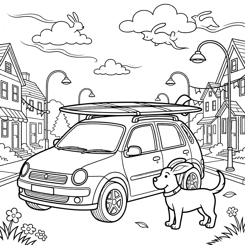 A hatchback car with a surfboard strapped to the roof takes center stage in a neighborhood street decorated for a holiday parade, where a friendly dog with its ears flapping in the wind can be seen nearby, surrounded by fluffy clouds shaped like animals drifting overhead.