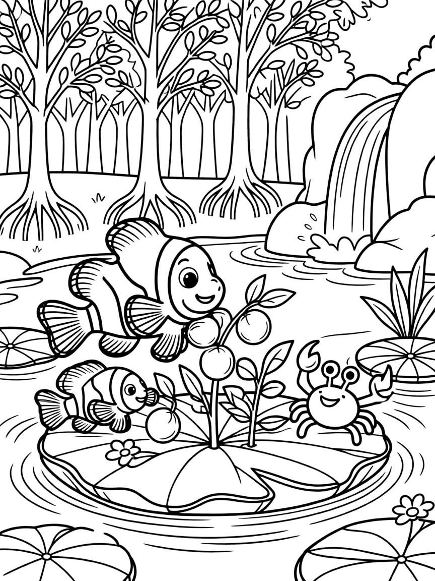 A school of clownfish harvesting ripe fruit alongside a crab on a floating lily raft, near a mangrove forest, as a gentle waterfall splashes in the background.