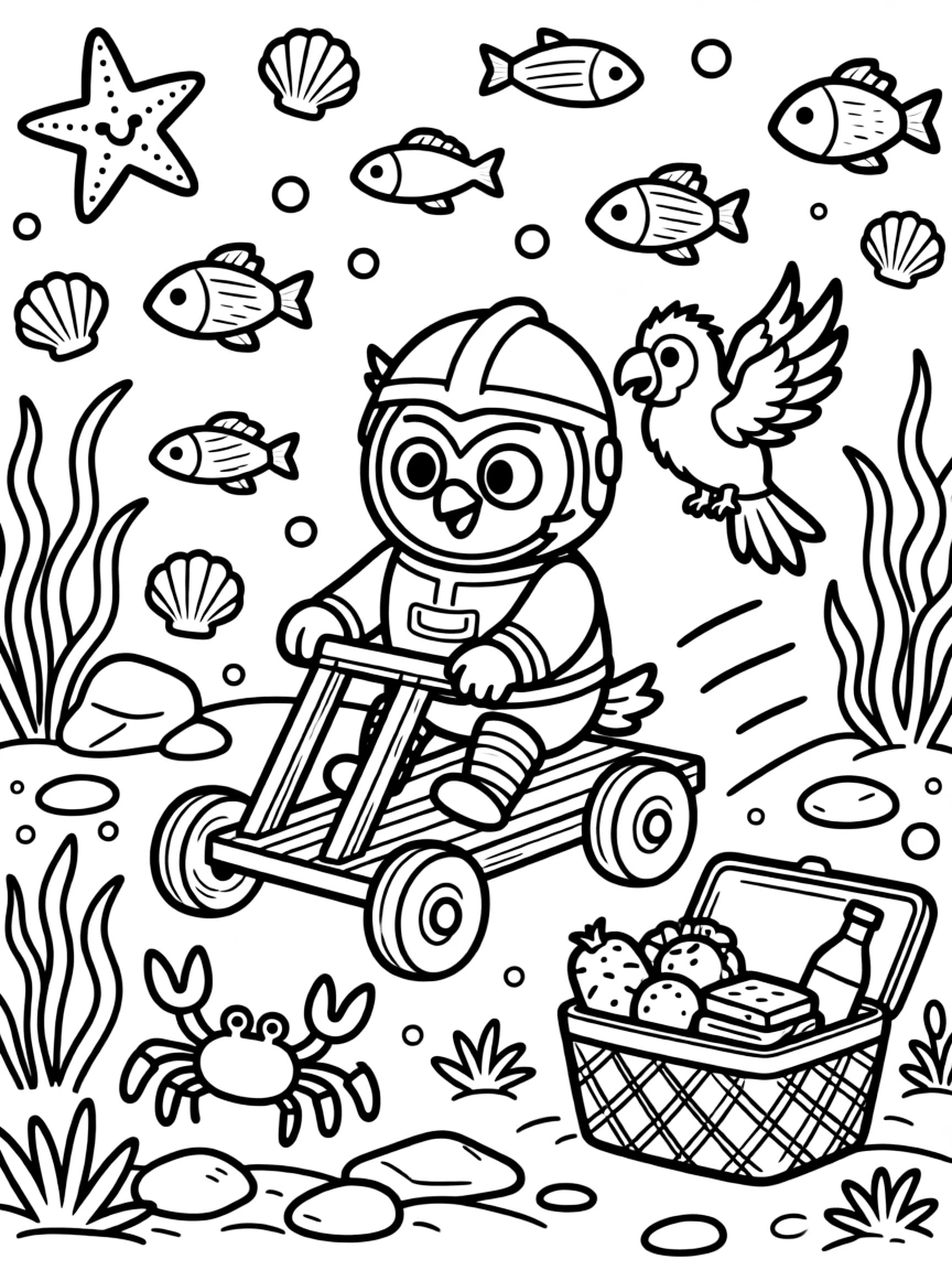 At a tide pool bustling with tiny sea creatures, a gentle dragon-riding knight owl is busy putting the finishing touches on a homemade go-kart, cheered on by a chatty parrot perched on one shoulder and a picnic basket overflowing with treats. Everyone is laughing and having the best time.