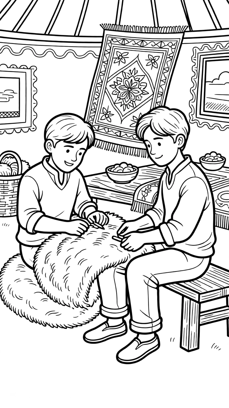 A coloring page showing a creative craft moment in Kazakhstan: a craftsman felting a thick woolen rug with colorful patterns, with finished pieces displayed proudly on a nearby table.