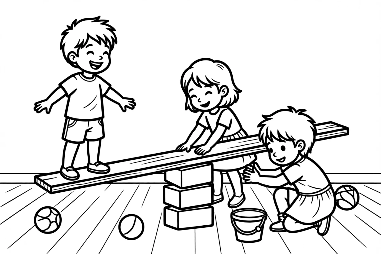 a mischievous group of three kids builds a see-saw out of a wooden plank and a stack of blocks to test balance.