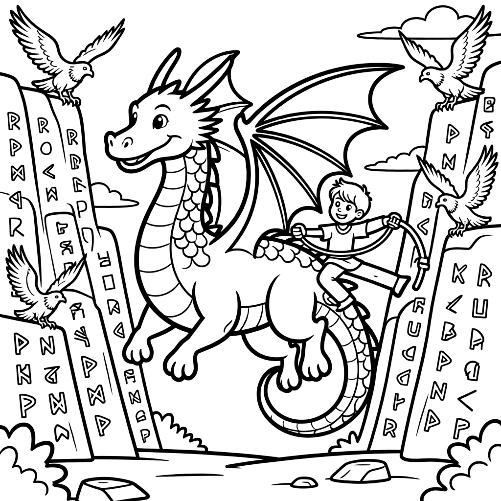 A dragon and its rider practice acrobatic loops through a canyon carved with ancient runes, cheered on by perched eagles.