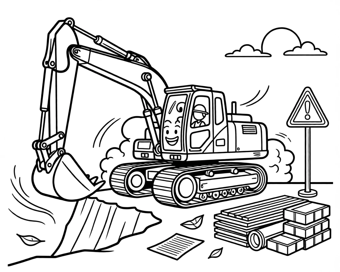 [Construction Vehicles] a mighty yellow excavator digging a deep trench next to stacks of building materials, grinning with excitement, while a safety sign warns of the work zone fills the surrounding area. Dust rises gently around the tracks and wheels. Set in the late afternoon, with a light breeze blowing, the page bursts with adventure and imagination.