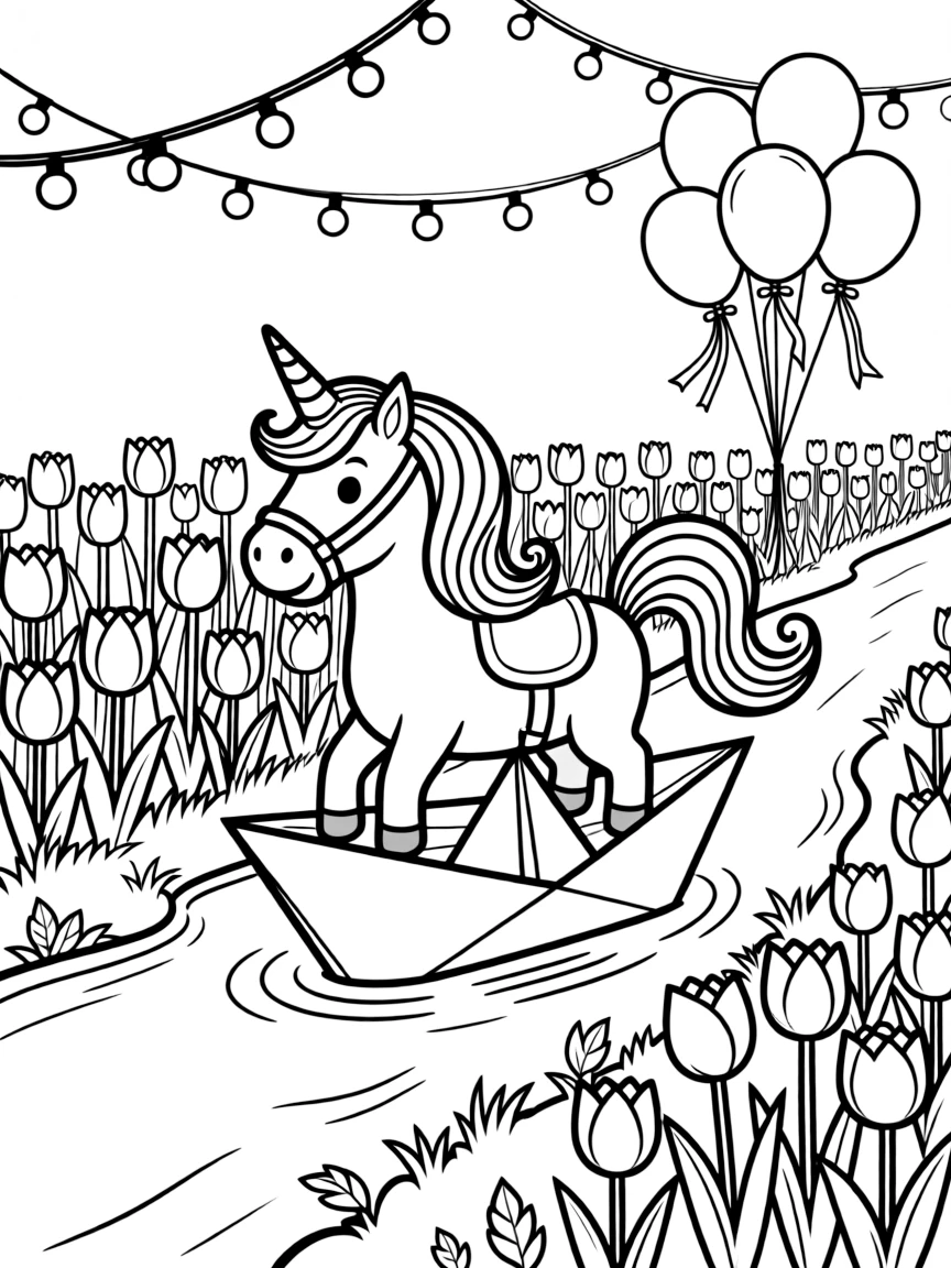 A sparkly unicorn with a rainbow mane is sailing a folded paper boat down a gentle stream in a tulip field in full bloom. Nearby, strings of fairy lights strung overhead and a cluster of bouncing balloons tied with ribbon add to the delightful moment.