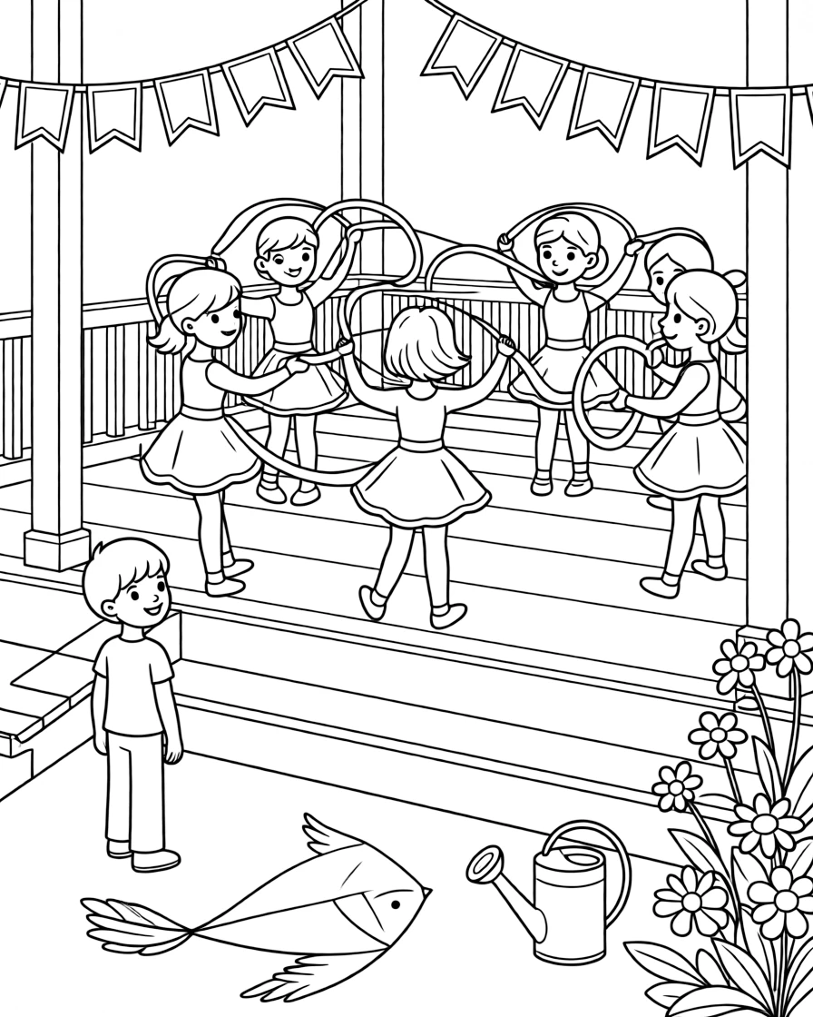 Dancers holding colorful ribbons in a circle on a porch decorated with pastel banners, while a curious little boy looks on nearby, a kite shaped like a bird and a watering can beside a flower bed completing the scene.