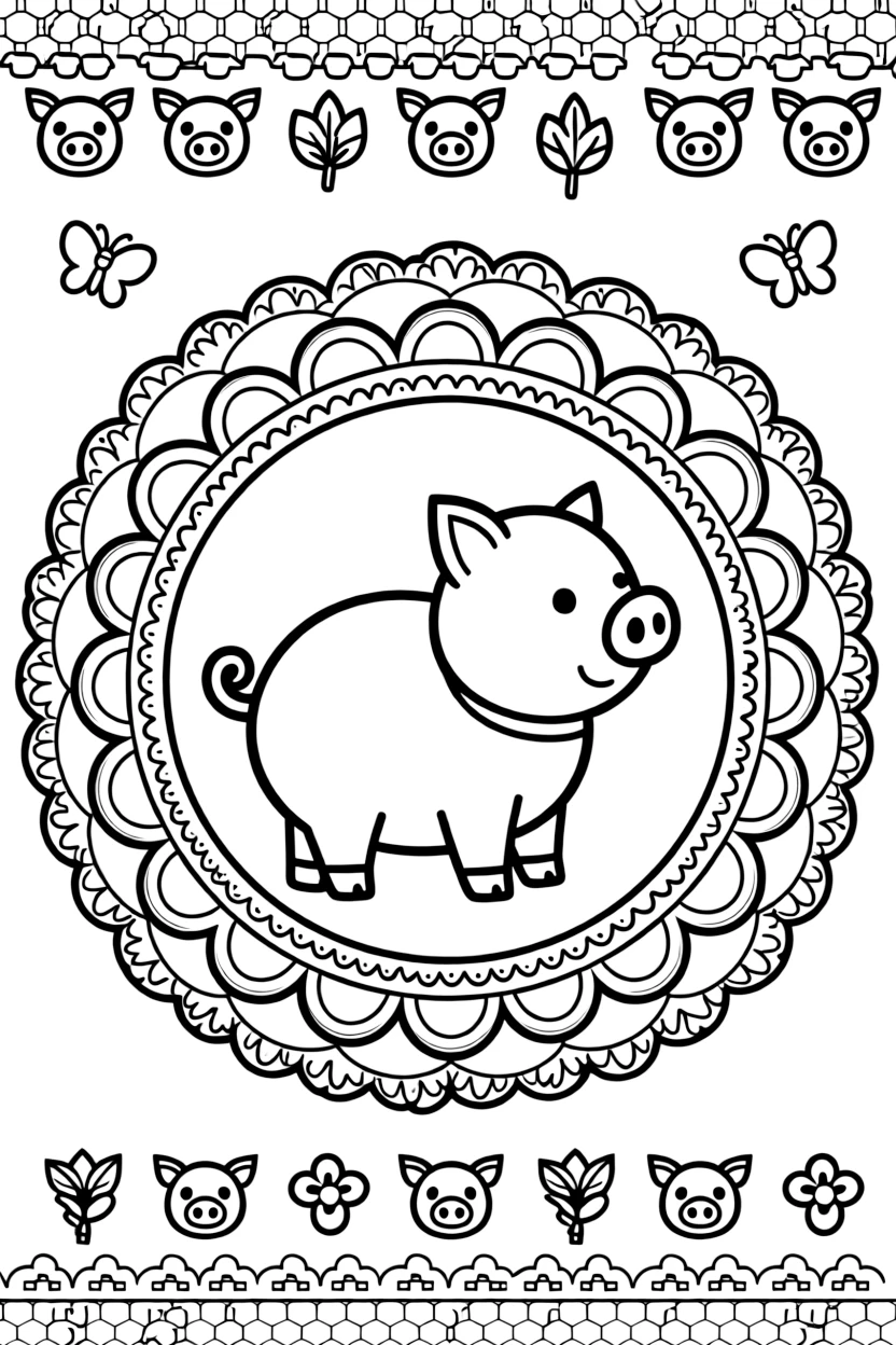 Farm Animals: The page presents a small themed scene built around a round pig with a curly tail, tied together by a scalloped wreath mandala with rounded overlapping arcs. The scene is placed centrally within a scene bordered top and bottom by mirrored rows of smaller matching details. Decorative details fill the surrounding space, including a field of tiny honeycomb cells, delicate lace-edged fringes, and loops shaped like small bows woven throughout the background. A playful extra touch completes the page: a pair of small butterflies fluttering near the top of the page.