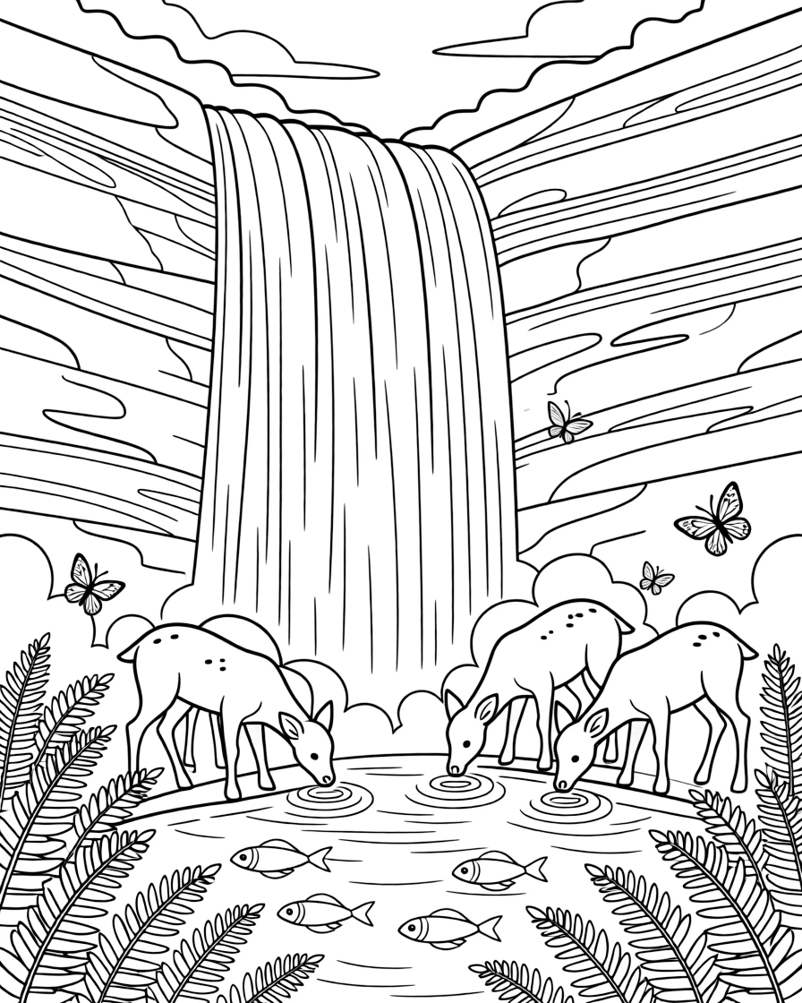 [Waterfalls] A family of deer drinks from the misty pool at the base of a tall forest waterfall. Butterflies drift through the mist while fish dart through the clear pool below the falls. The waterfall tumbles over layered rocky ledges into a clear turquoise pool ringed with ferns. The steady rush of falling water fills the air beneath a bright, clear sky.