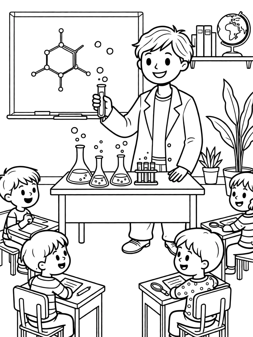 A science teacher demonstrates a bubbling experiment in front of an excited classroom.