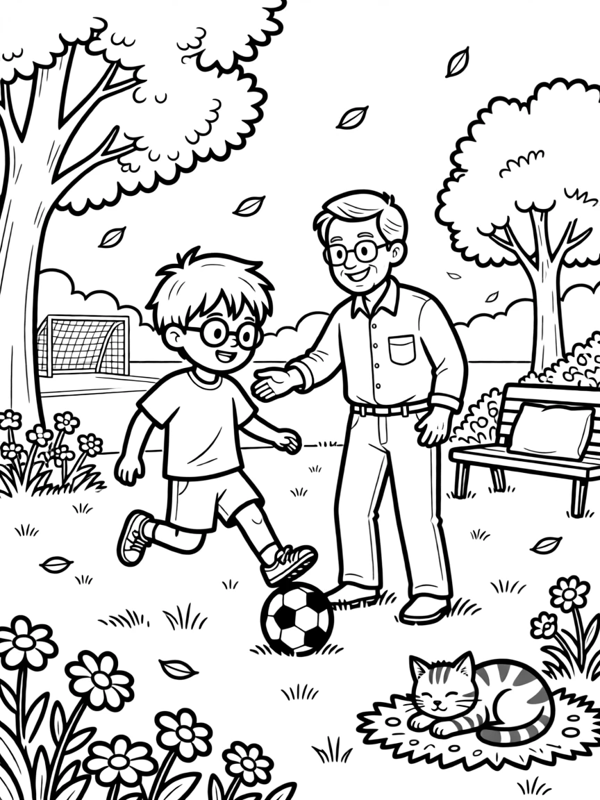 A boy with glasses playing soccer together with an elderly neighbor at the local park while a kitten naps in a sunny spot.
