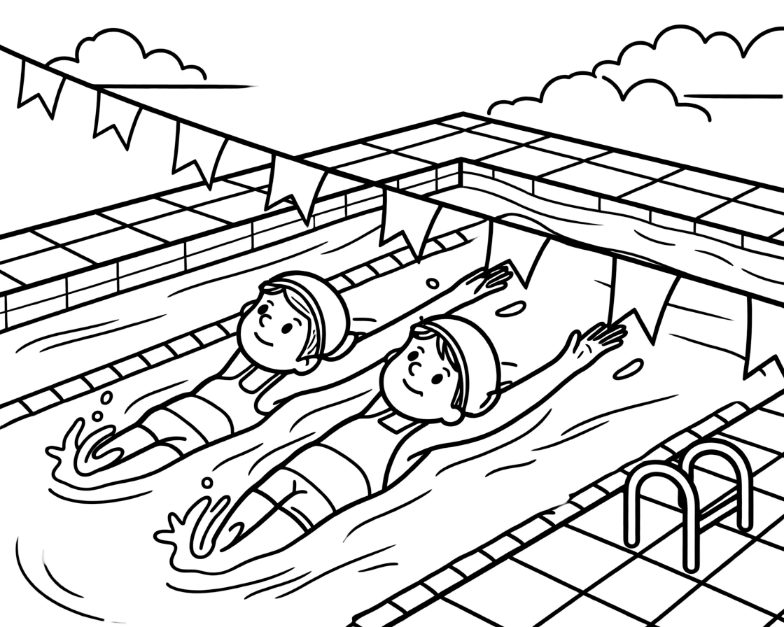 A pair of twin siblings, swimming backstroke, watching the flags overhead that signal the wall is near.