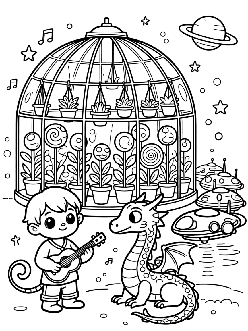 In a greenhouse dome growing plants from a dozen different planets, Snorble, a curious alien creature with a curly tail taming a wild but friendly space dragon with a gentle melody, while a row of docked spaceships gleaming in the light adds to the excitement.