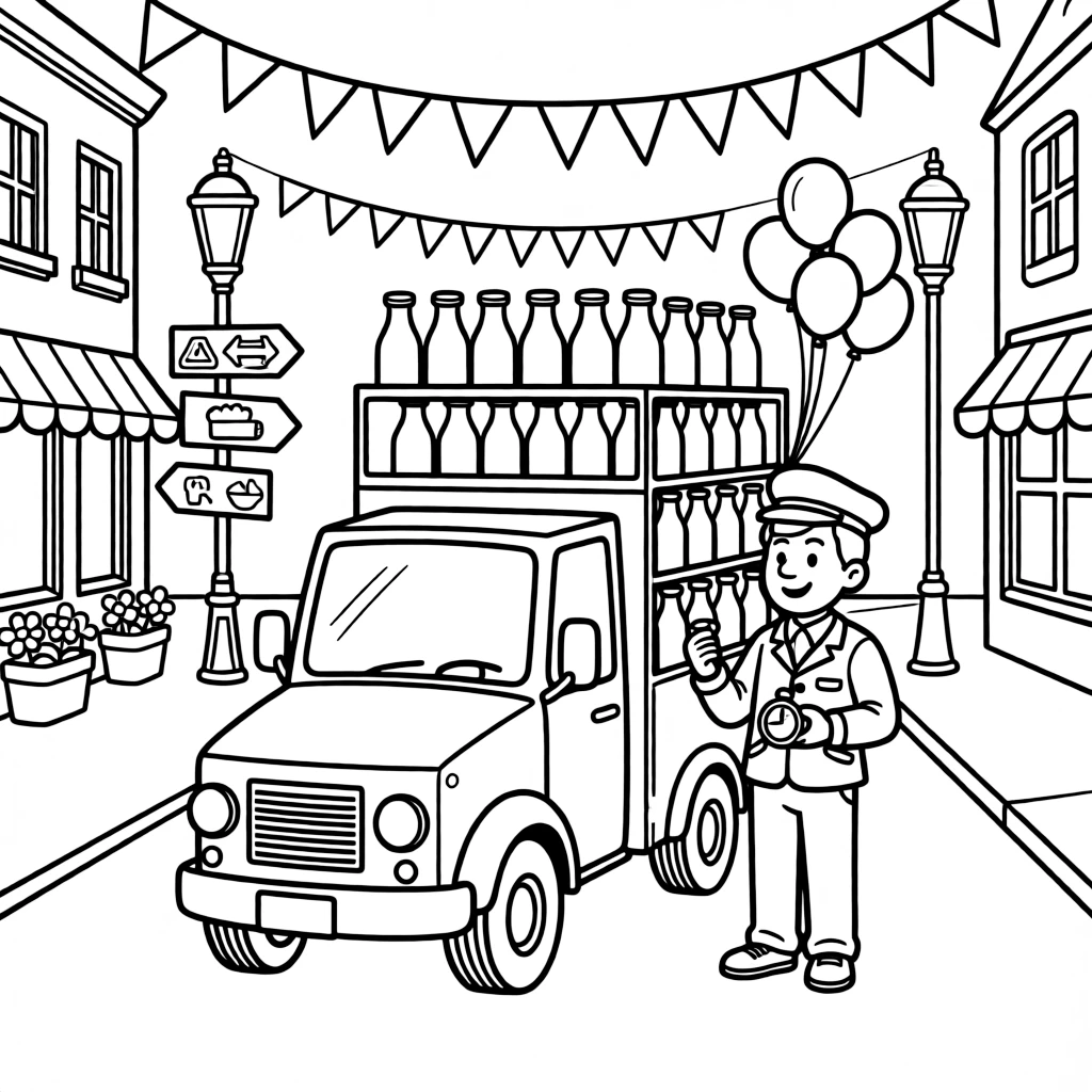 This page centers on a milk delivery truck stacked with glass bottles exploring a small town main street decorated with fluttering flags, featuring a cheerful conductor checking a pocket watch and little extras like road signs pointing toward fun destinations and balloons tied to the rearview mirror.