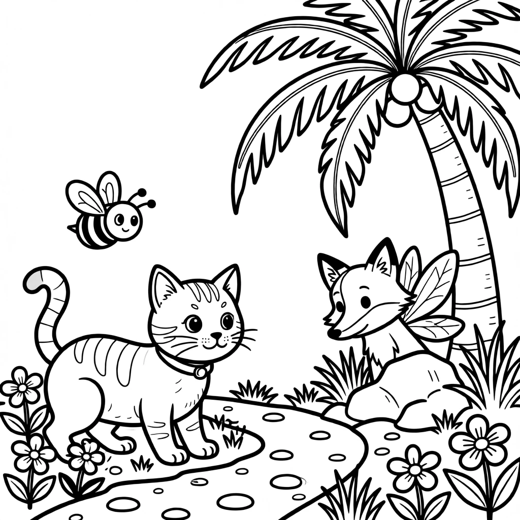 A barn cat on a rocky mountain trail, playing hide and seek among the flowers with a fairy-winged fox, next to a tropical palm tree, while a friendly bee buzzes past.