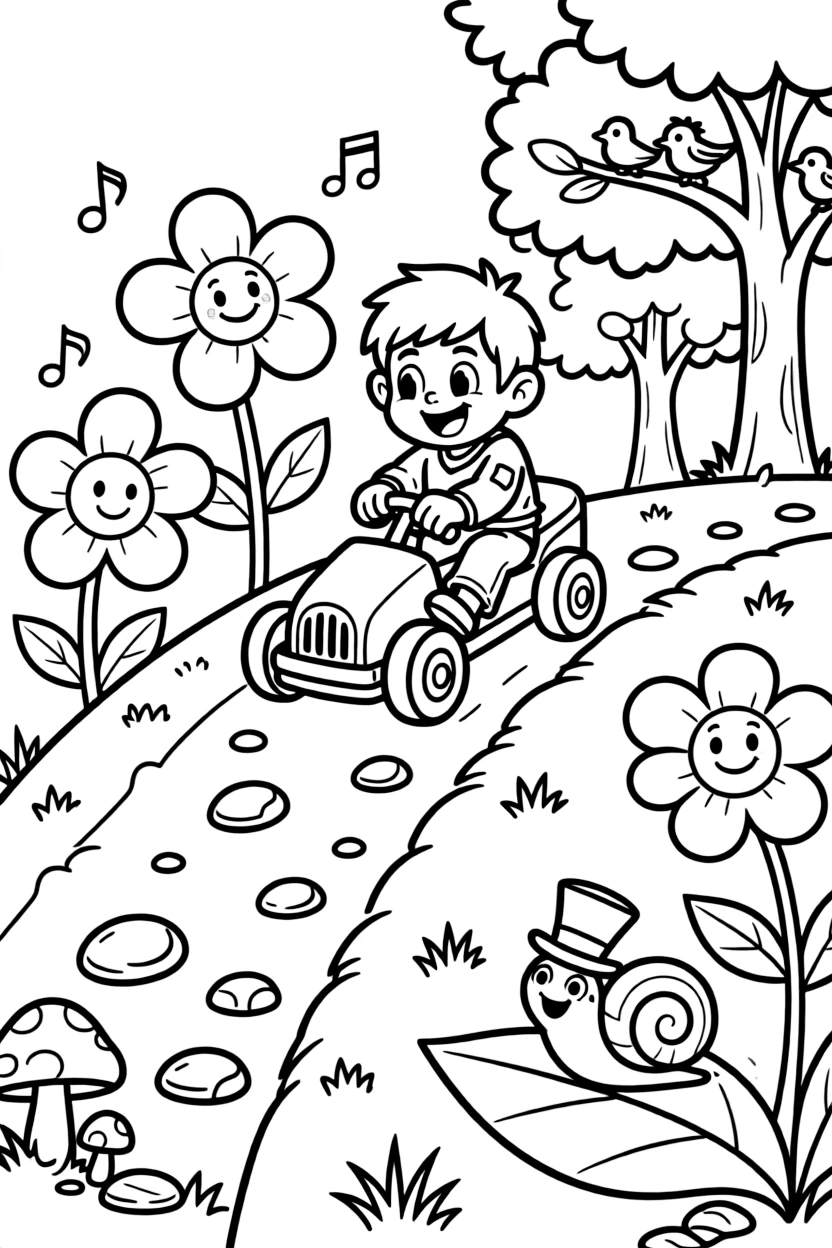 Silly and full of excitement, a tiny troll bridge-keeper spends the day racing go-karts down a bumpy hill in a garden where the flowers hum little tunes. Nearby, a snail wearing a tiny top hat adds to the fun. Everyone is laughing and having the best time.