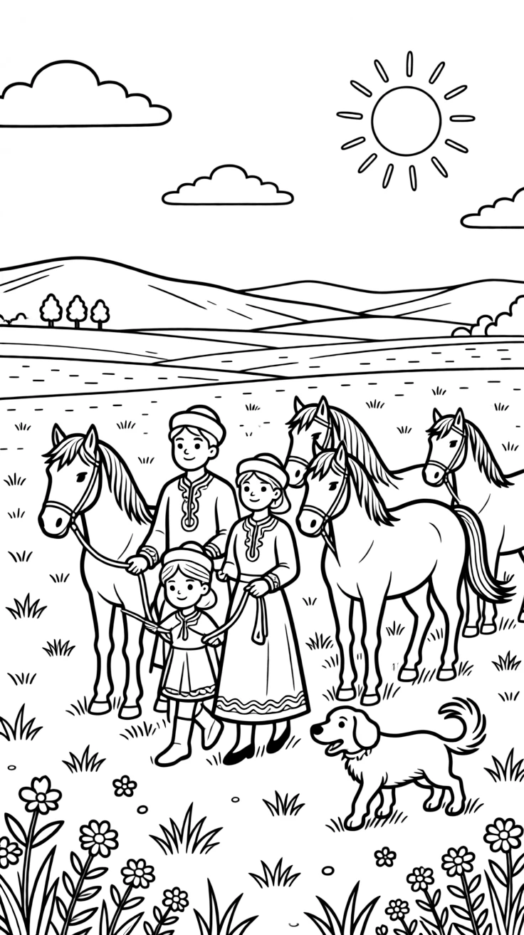 A coloring page capturing everyday life in Kazakhstan: a family herding horses across the open steppe, with a loyal pet nearby and a warm sun shining overhead.