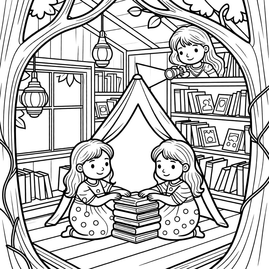 gentle twin sisters sit in a treehouse library and builds a fort out of picture books and peeks out from the top with a flashlight.