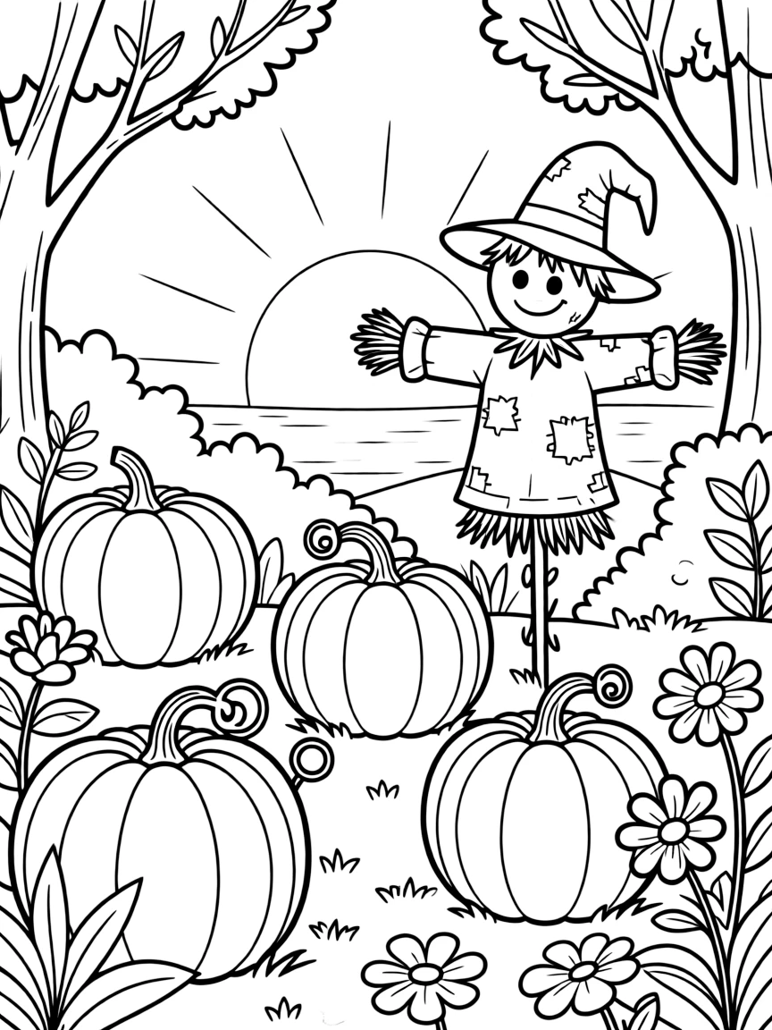 A wizard's garden grows glowing pumpkins that light up like lanterns as the sun sets, a scarecrow standing watch nearby.