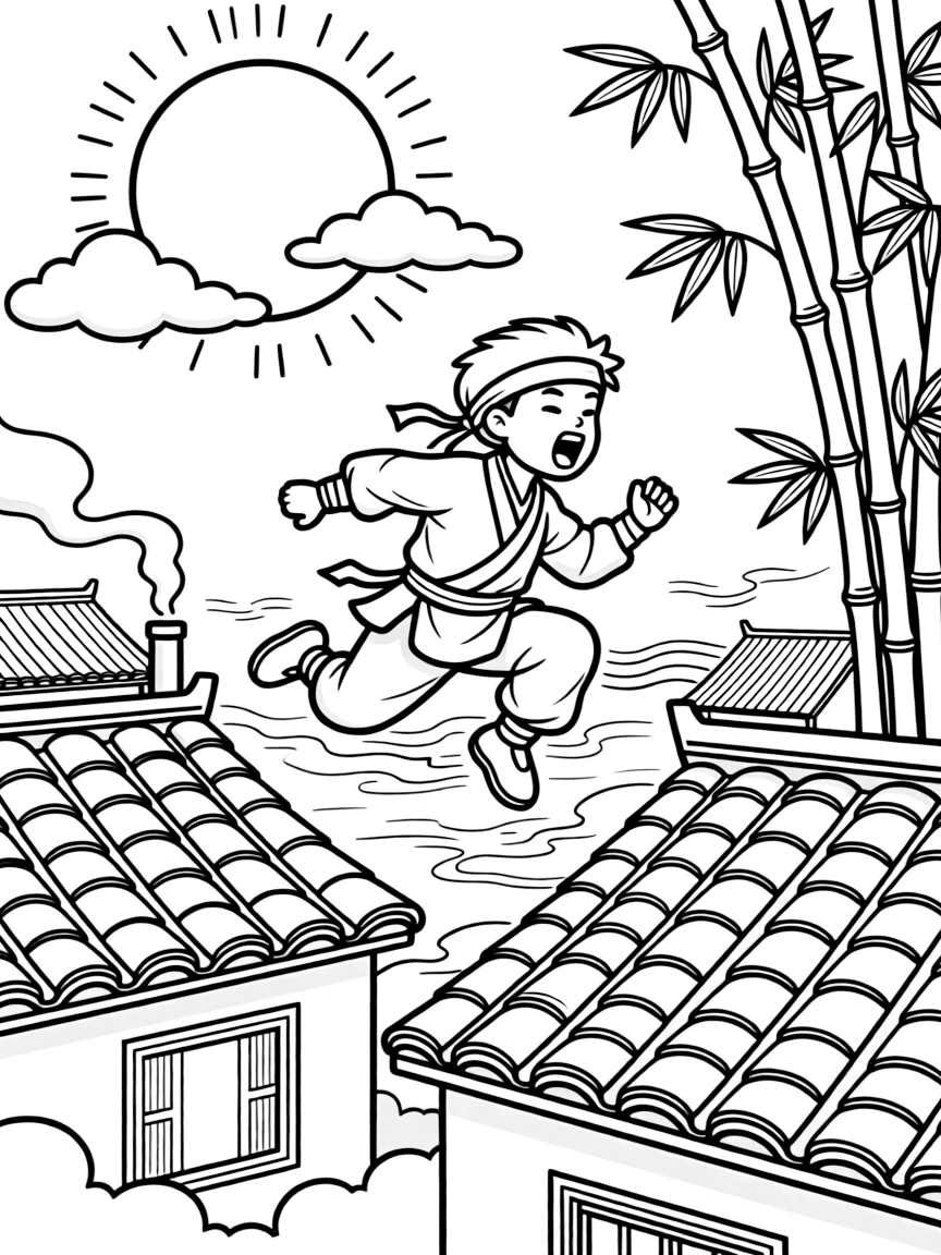 [Ninjas] a stealthy young ninja leaping silently across rooftops above a quiet moonlit village, letting out a triumphant roar. Nearby, bamboo stalks sway gently nearby. Moonlight highlights the rooftop tiles. The scene is captured on a foggy morning, with heat waves shimmering in the distance, giving the page a lively and adventurous feel that invites plenty of colorful detail.