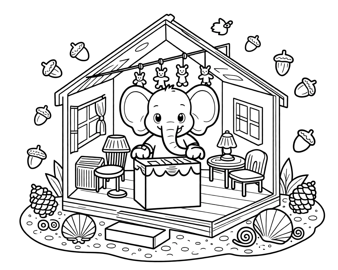 A baby elephant with big flapping ears is putting on a puppet show behind a cardboard stage inside a dollhouse-sized world of tiny furniture. In the background, a cluster of acorns and pinecones scattered about and glittering seashells scattered on the sand add a sprinkle of wonder to the moment.