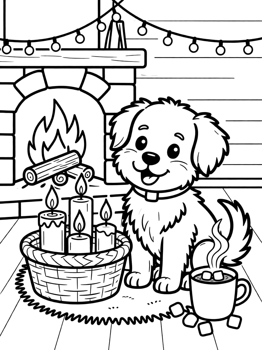A fluffy puppy sitting beside a basket of candles ready to be lit in a cozy cabin with a crackling fireplace, with a string of twinkling lights and a steaming mug of cocoa with marshmallows scattered about.