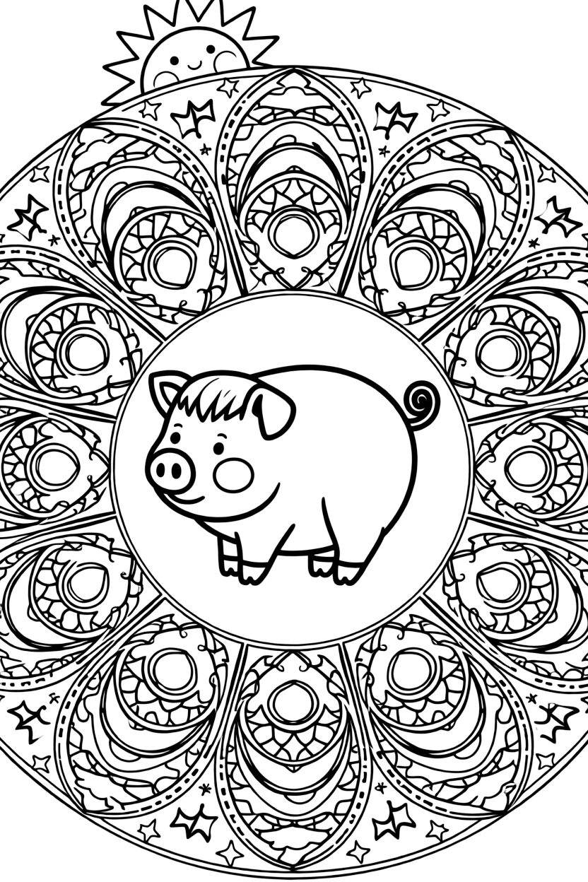 Farm Animals: The design turns a round pig with a curly tail into a kaleidoscope-style composition anchored by an arched dome mandala built from layered nested arches. The imagery is broken into repeating fragments that spin outward from the center in a kaleidoscope-style circle of matching wedges. Decorative details fill the surrounding space, including overlapping fish-scale textures, interlocking circle chains, and clusters of small five-point stars woven throughout the background. A playful extra touch completes the page: a friendly round sun peeking in from behind the top edge.