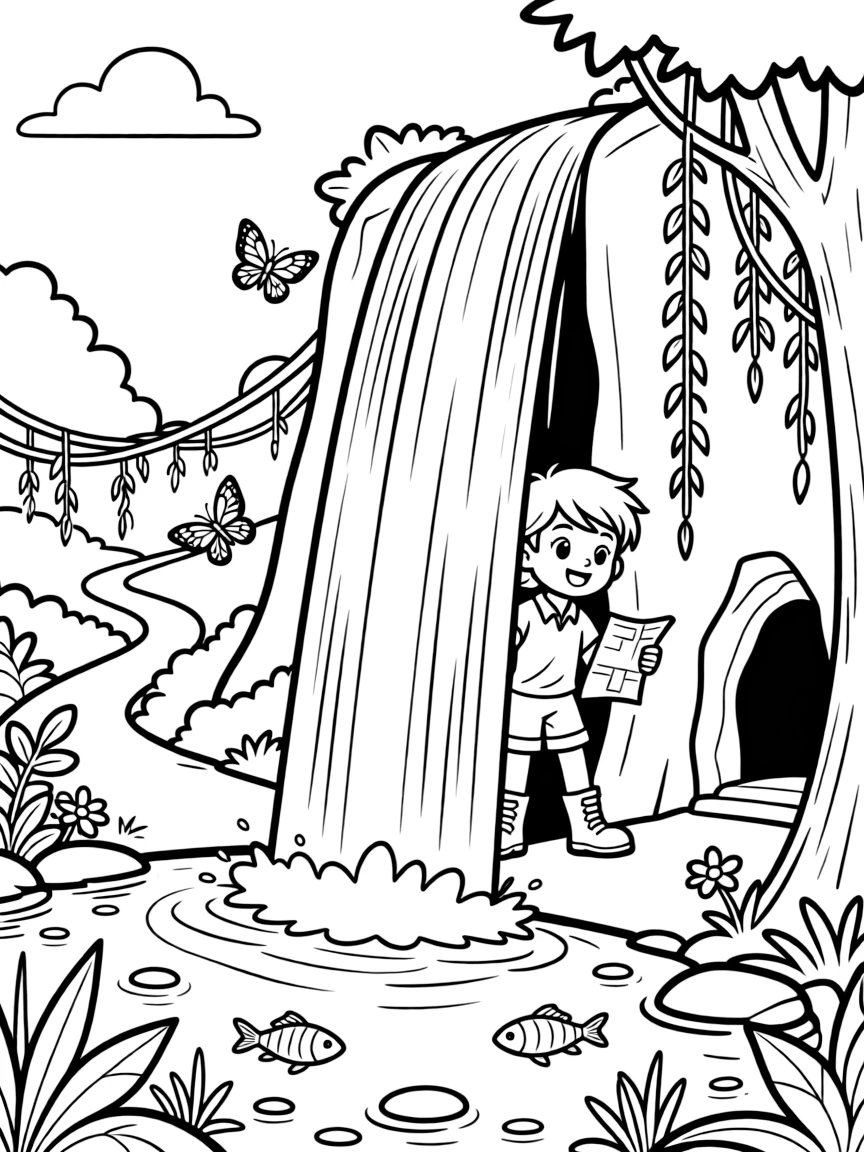 [Waterfalls] A brave young explorer stands behind a curtain of falling water, peeking out at a hidden jungle path. Butterflies drift through the mist while fish dart through the clear pool below the falls. A hidden cave sits behind the curtain of falling water, its entrance framed by hanging vines. The steady rush of falling water fills the air beneath a bright, clear sky.