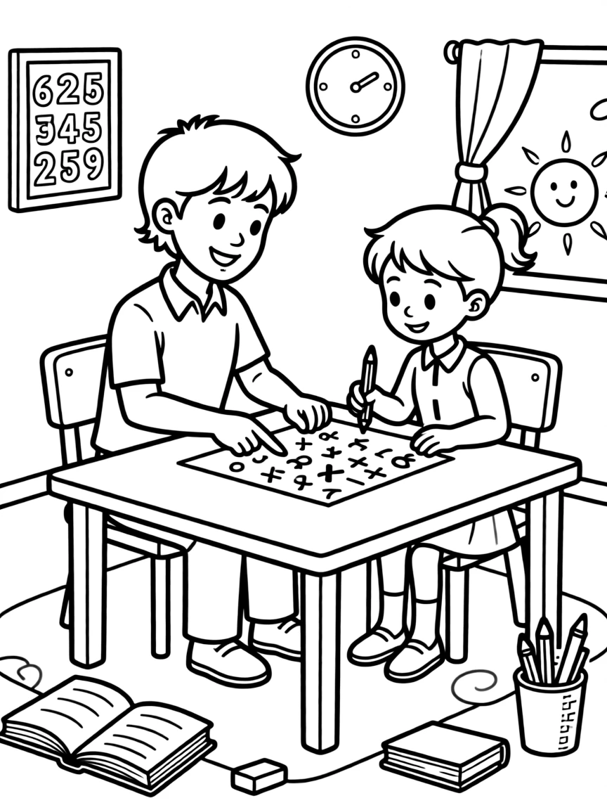 A tutor helps a student solve a math problem on a piece of paper at a table.