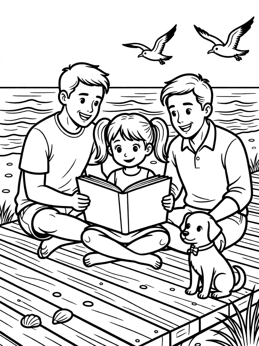 A girl in pigtails reading a big storybook with two dads on a seaside boardwalk as a curious puppy watches.