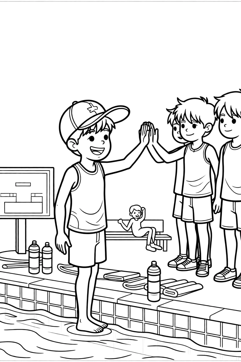 A confident boy wearing a bright cap, high-fiving teammates poolside after a relay race victory.