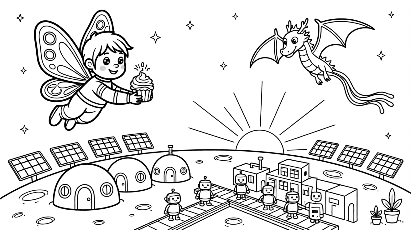 Plorf, an alien with butterfly-like wings delivering birthday cupcakes to a colony on the far side of the moon near a bustling robot city with conveyor-belt streets, surrounded by a row of solar panels catching the sunset and a kite shaped like a friendly dragon flying overhead.