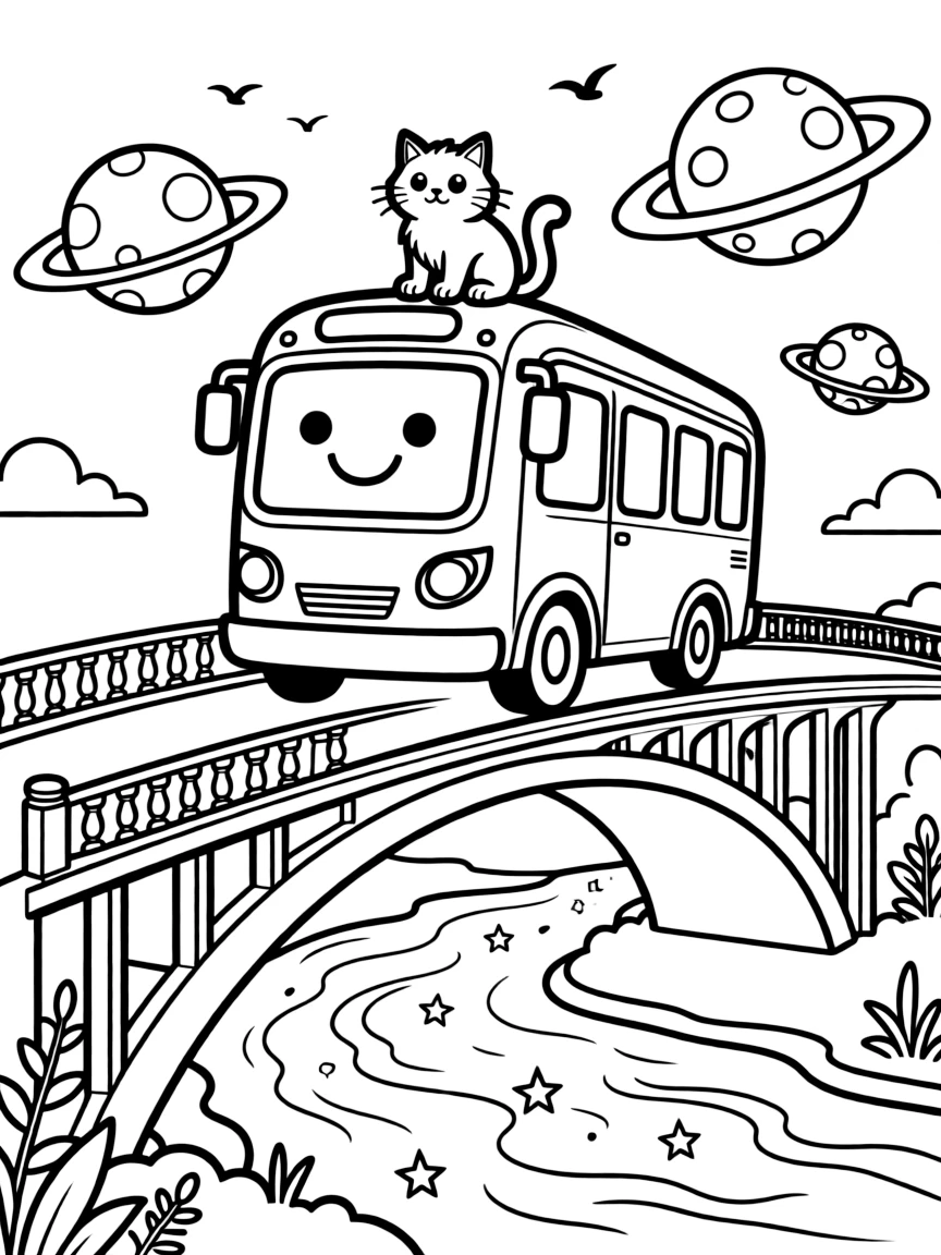 This coloring page shows a friendly robot tour bus with a smiling screen face making its way across a long bridge stretching over a sparkling river, accompanied by a curious cat perched on the hood, while planets with colorful rings floating nearby adds extra charm to the scene.