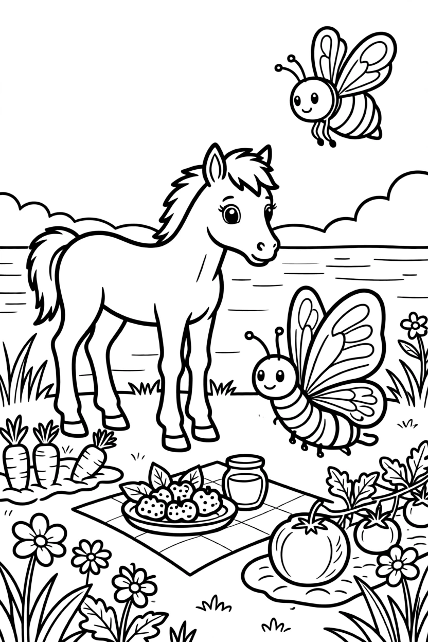 A foal on a riverbank at dawn, sharing a picnic of berries and honey with a caterpillar turning into a butterfly, next to a vegetable garden, while a friendly bee buzzes past.