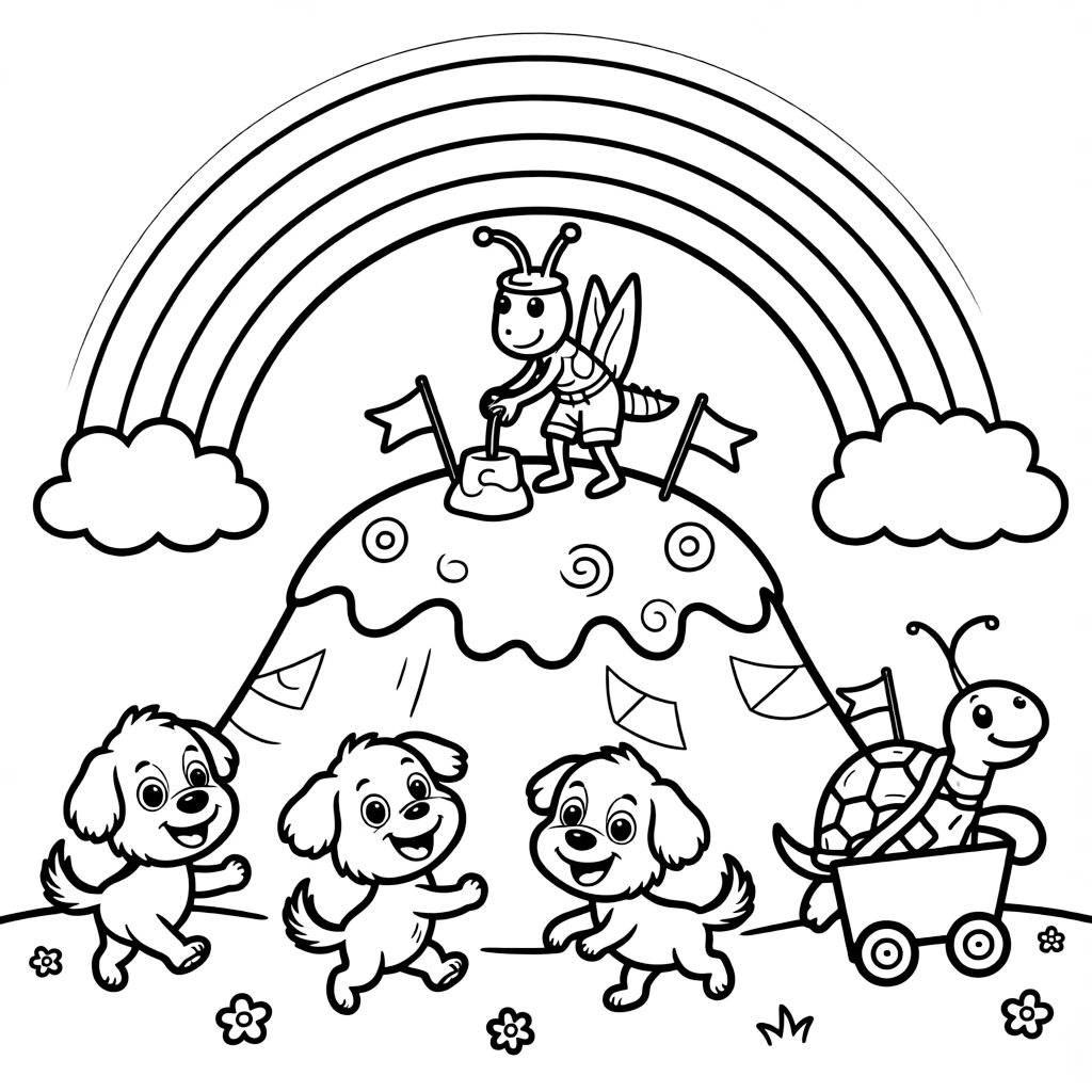 On top of a rainbow after a summer rainstorm, an adventurous grasshopper high jumper is busy planting flags on top of a candy mountain summit, cheered on by three bouncing puppies chasing their tails and a cart pulled by a very determined turtle. Warm smiles and happy cheers fill the scene.