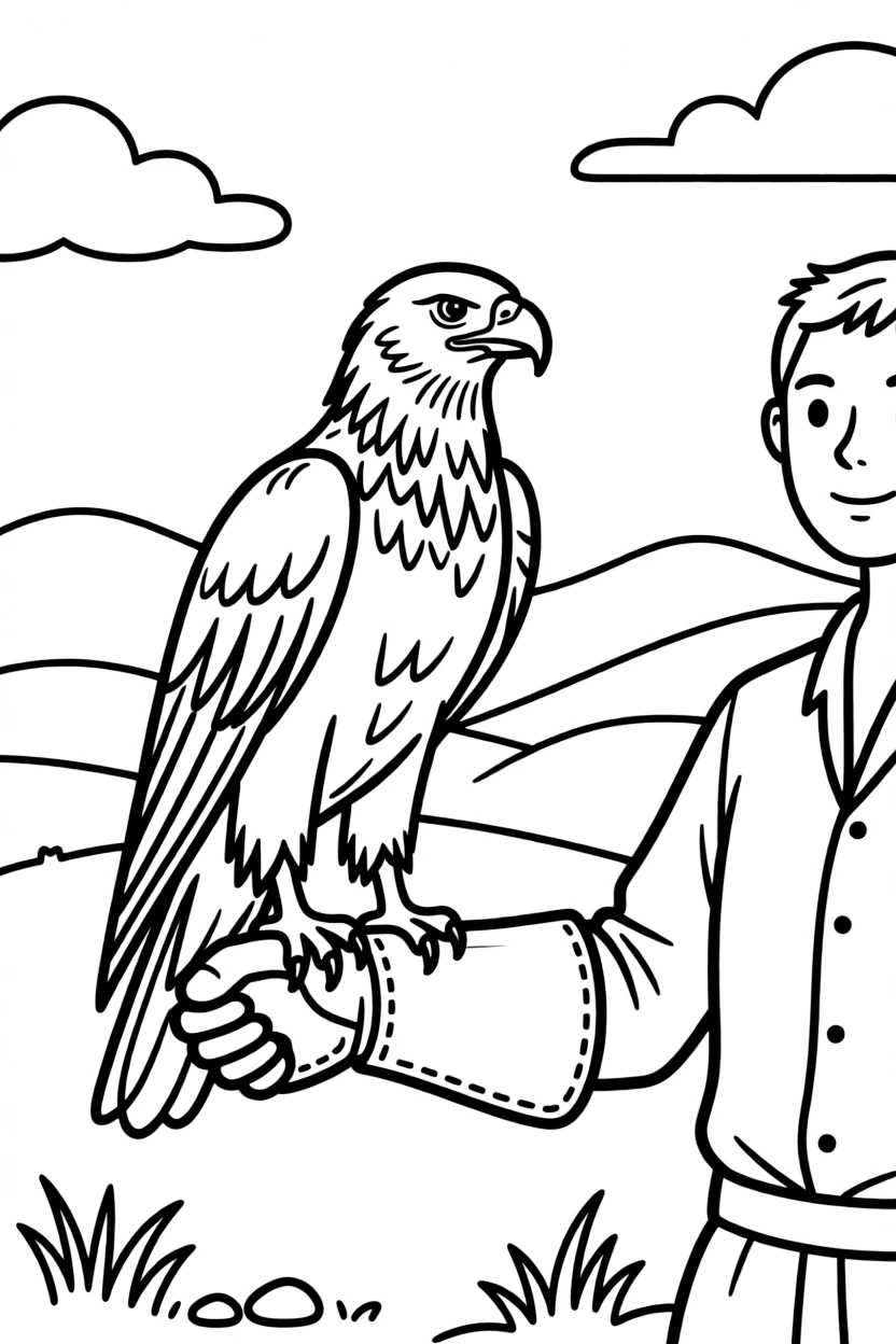 A coloring page of a golden eagle perched on a hunter's gloved arm in Kazakhstan, set against a scenic backdrop with soft clouds and a distant mountain or shoreline.