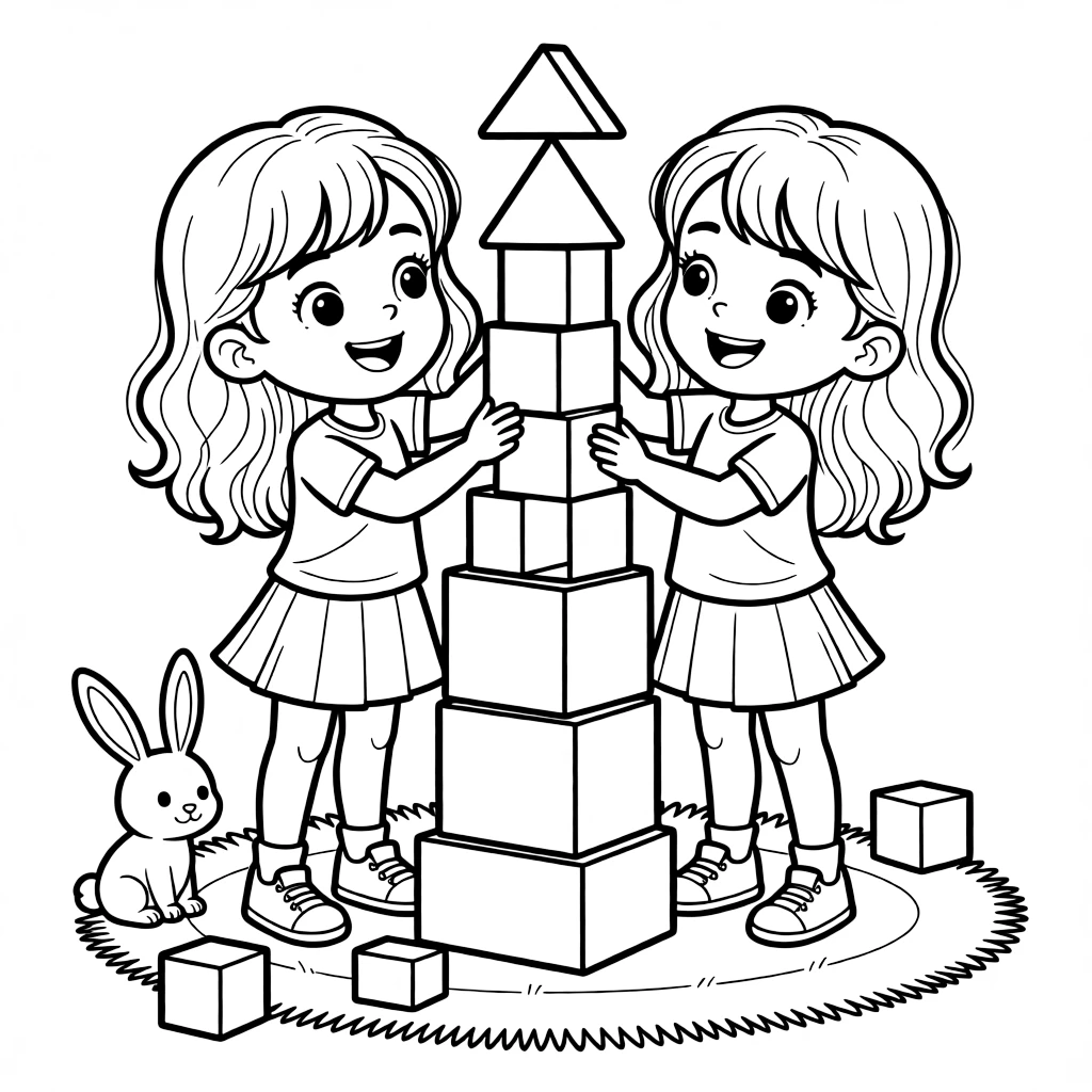 adventurous twin sisters stack colorful building blocks shaped like cubes, cones, and pyramids into a tall tower.