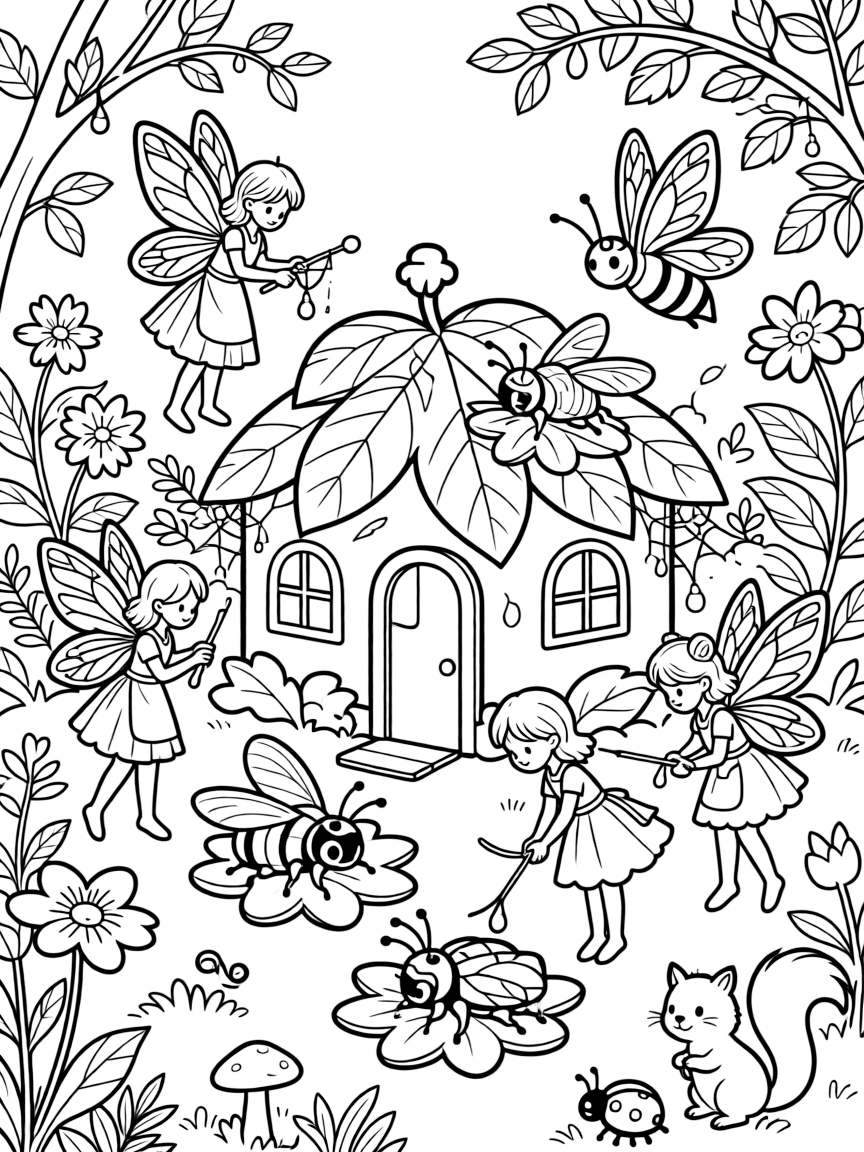 A tiny fairy hospital tends to injured butterflies and bees, wings bandaged with flower petals and cobweb thread.