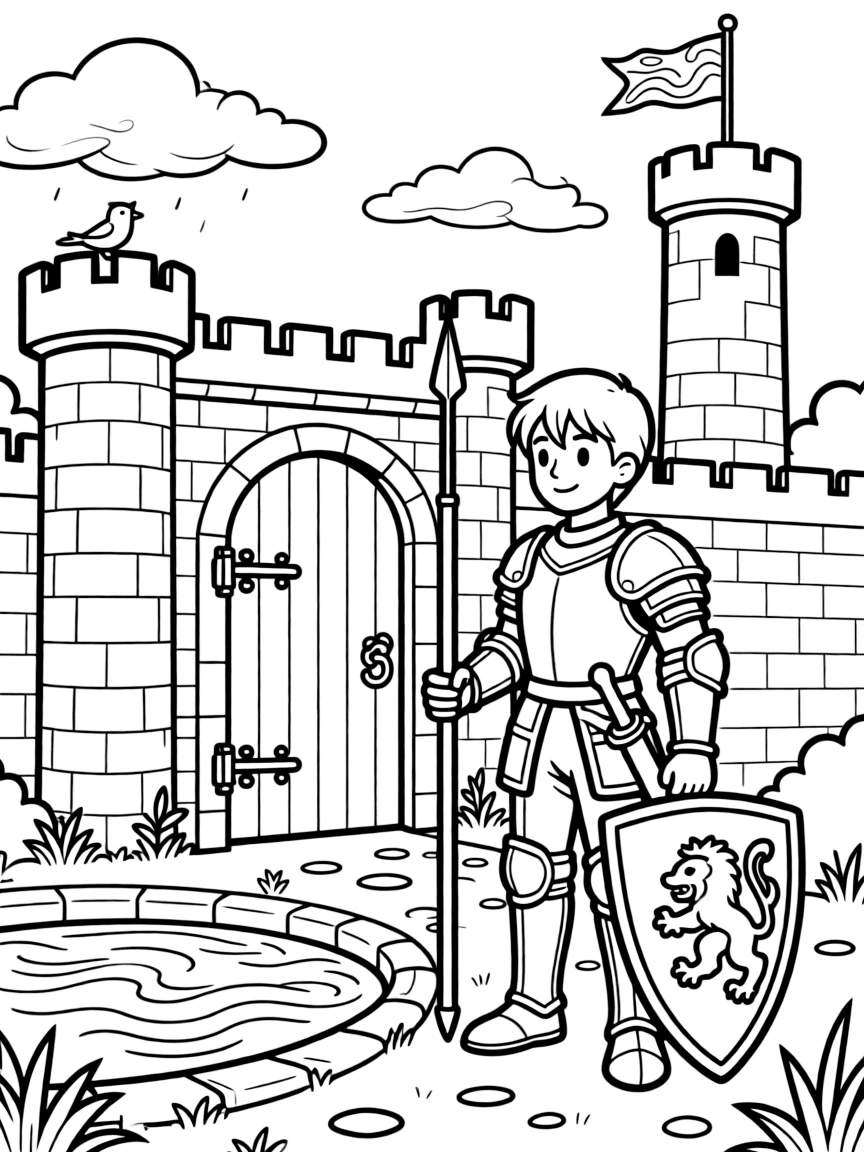 [Knights] A dynamic scene shows a brave knight in shining armor standing guard at a castle gate near a moat surrounding a fortress, smiling proudly. Close by, a shield with a bold emblem rests nearby. A long lance is tucked under one arm. The moment unfolds just after a rainstorm, with fluffy clouds drifting overhead, filled with energetic detail perfect for a young colorist.