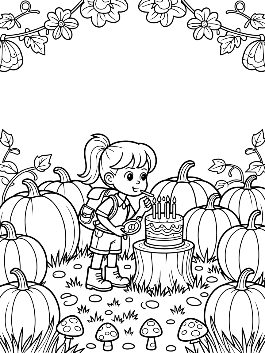 A girl explorer with a backpack and compass is blowing out candles on a beautifully frosted cake in a pumpkin patch on a crisp autumn day. All around, tiny mushrooms with spotted caps peeking through the grass and a garland of paper flowers strung overhead complete the joyful scene.