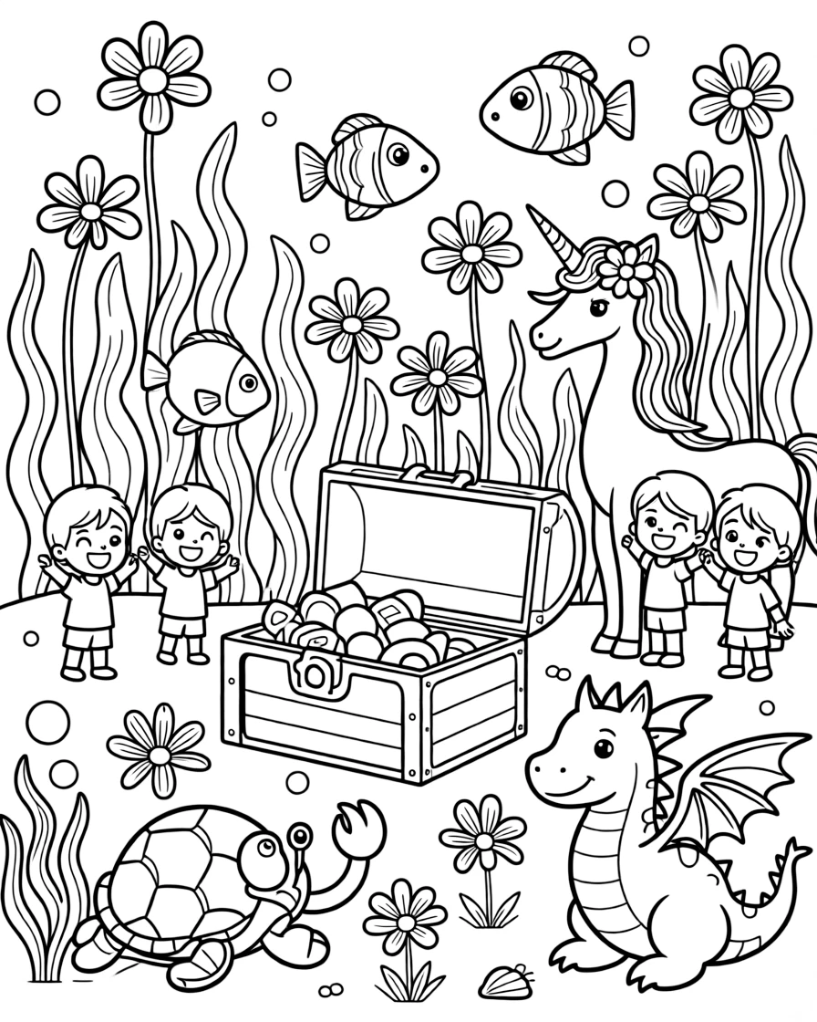 A treasure chest surrounded by curious sea creatures in an enchanted garden where flowers glow like lanterns, while a pair of giggling twins looks on nearby, a unicorn with a flower-braided mane and a friendly dragon with tiny wings completing the scene.