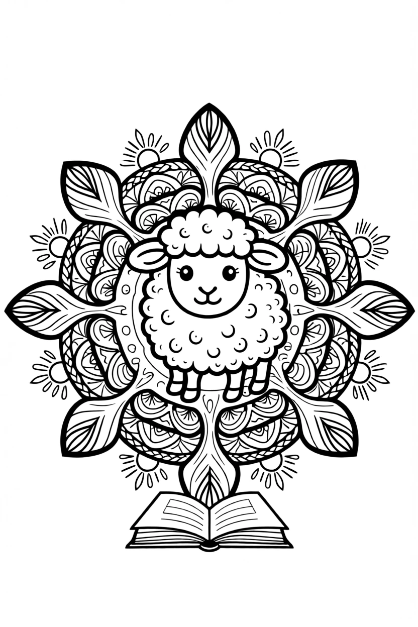Farm Animals: The main subject is a fluffy sheep with a tightly curled wool coat, drawn as the focal point of a snowflake-shaped mandala with six symmetrical arms. It is centered on the page, anchoring a design that expands outward in smooth, even waves. Decorative details fill the surrounding space, including rows of scalloped fan shapes, bands of braided rope shapes, and rays fanning out like a small sunburst woven throughout the background. A playful extra touch completes the page: a tiny open book resting at the base of the design.