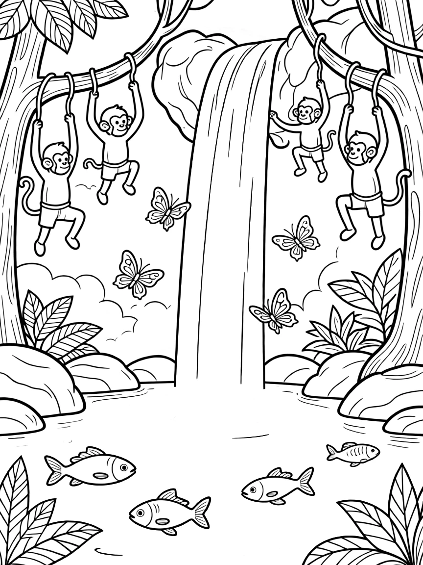 [Waterfalls] A group of monkeys swing from vines near a tall waterfall crashing into a turquoise pool. Butterflies drift through the mist while fish dart through the clear pool below the falls. Moss-covered boulders and tangled vines surround the base of the roaring waterfall. Soft morning light glows through the mist, casting a gentle rainbow over the pool.